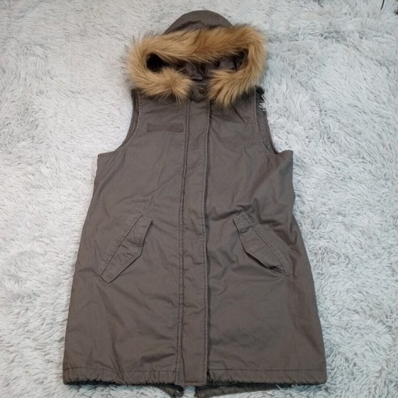 Mo-Ka Womens Vest‎ Gray S  Full Zip Pockets Hooded Faux Fur Trim Activewear - Picture 1 of 14
